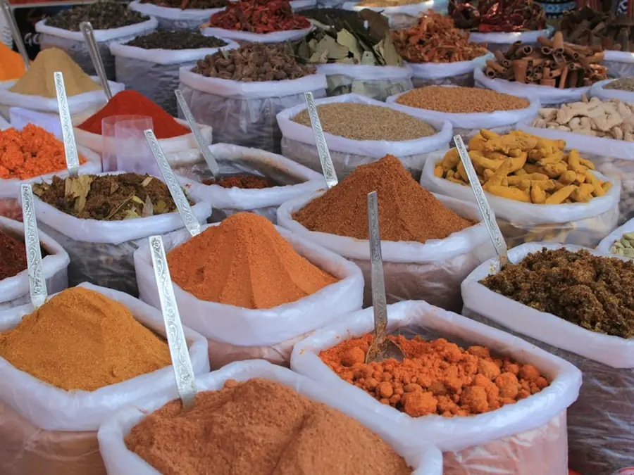Sacks of spices and dried goods at a market